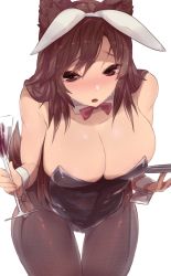 Rule 34 | 1girl, :o, alcohol, animal ears, areola slip, bare shoulders, black leotard, blush, bow, bowtie, breasts, brown eyes, brown hair, cameltoe, cleavage, covered navel, detached collar, food, highres, holding, holding food, holding tray, imaizumi kagerou, kaizu (kaizukurodai), large breasts, leaning forward, leotard, long hair, looking at viewer, pantyhose, rabbit ears, red bow, red bowtie, sidelocks, simple background, solo, sweat, tail, thigh gap, touhou, tray, white background, wolf ears, wolf girl, wolf tail