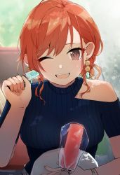 Rule 34 | 1girl, ;d, absurdres, arisugawa natsuha, bracelet, breasts, collarbone, earrings, highres, holding food, holding ice cream, ice cream, ice cream bar, idolmaster, idolmaster shiny colors, japanese clothes, jewelry, looking at viewer, medium breasts, one eye closed, open mouth, orange hair, ribbed shirt, shirt, single bare shoulder, smile, solo, teriyaki (kwpp3252)