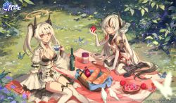 Rule 34 | 2girls, absurdres, ahoge, animal, apple, arm support, azur lane, basket, bird, black hair, blue eyes, boots, bottle, bread, breasts, choker, cleavage, commentary, copyright name, day, detached sleeves, dove, elbow gloves, floating, floating object, flower, food, fruit, glass bottle, gloves, grass, hair ornament, halo, highres, holding, holding food, horns, joffre (azur lane), knee boots, l&#039;indomptable (azur lane), logo, long hair, long sleeves, looking at viewer, medium breasts, multicolored hair, multiple girls, official art, open mouth, outdoors, pantyhose, picnic, red eyes, simple background, sitting, smile, thighhighs, twintails, wariza, white gloves, white hair, zerotabi1210, zettai ryouiki