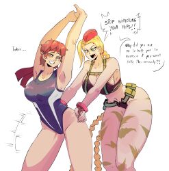 Rule 34 | 2girls, absurdres, armpits, bare shoulders, bikini, blonde hair, breasts, brown hair, cammy white, collarbone, cupperexe, highres, kasugano sakura, multiple girls, open mouth, simple background, smile, standing, street fighter, swimsuit, teeth, thighs, tongue, yuri