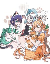 3girls ;( ;o alternate_costume animal_ear_fluff animal_ears animal_hands apron aqua_eyes artist_name bare_legs bell blue_bow blue_eyes blush bow cat cat_ears cat_tail choker commentary dalidari27 drooling enmaided frilled_apron frilled_choker frills frown gloves green_bow hair_between_eyes haraga_kurumi hashtag-only_commentary highres inda_karane jingle_bell kimi_no_koto_ga_dai_dai_dai_dai_daisuki_na_100-nin_no_kanojo long_hair maid multiple_girls neck_bell nekonari_tama one_eye_closed open_mouth orange_bow orange_hair paw_gloves paw_print paw_print_background puffy_short_sleeves puffy_sleeves purple_hair short_hair short_sleeves simple_background sitting tail twintails twitter_username very_long_hair waist_bow white_background white_hair yellow_eyes