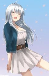 Rule 34 | 1girl, ahoge, arms behind back, belt, blue jacket, breasts, cleavage, closed eyes, dress, gradient background, jacket, large breasts, long hair, open mouth, original, petals, silver hair, smile, solo, somechime (sometime1209), white dress