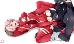 Rule 34 | 10s, 1boy, 1girl, absurdres, black bodysuit, black hair, bodysuit, breasts, clothed sex, couple, cum, darling in the franxx, gloves, green eyes, hair ornament, hairband, hand on another&#039;s chest, hetero, highres, hiro (darling in the franxx), holding another&#039;s leg, horns, large breasts, long hair, nipple slip, nipples, oni horns, penis, pilot suit, pink hair, pussy, red bodysuit, red gloves, red horns, rihanfiella, saliva, seiza, sex, short hair, signature, sitting, torn bodysuit, torn clothes, uncensored, vaginal, white gloves, white hairband, zero two (darling in the franxx)