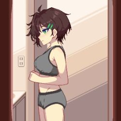 Rule 34 | 1girl, ahoge, animated, animated gif, bathroom, blush, breasts, breasts squeezed together, brown hair, closed mouth, clothes lift, flashing, furumero, green eyes, hair ornament, hairclip, indoors, lifting own clothes, looking at viewer, medium breasts, nipples, original, pixel art, short hair, smile, solo, sports bra, sports bra lift, standing