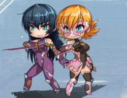 Rule 34 | 2girls, animated, animated gif, blonde hair, blue eyes, bodysuit, boots, bouncing breasts, breasts, chibi, fighting stance, green eyes, highleg, highleg leotard, holding, holding sword, holding weapon, igawa asagi, igawa sakura, knife, large breasts, leotard, lilith-soft, lowres, multiple girls, short hair, siblings, sisters, skirt, sword, taimanin (series), taimanin asagi, taimanin asagi zero, taimanin rpgx, taimanin suit, weapon