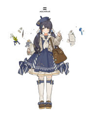 Rule 34 | 1girl, ahoge, aquarius (constellation), aquarius (symbol), aquarius (zodiac), bag, beret, black hair, blue bow, blue dress, blue gemstone, blue hat, blue ribbon, blush, bow, brown bag, brown eyes, brown footwear, buttons, commentary, constellation, constellation print, cork, corked bottle, doll joints, dress, envelope, flower, full body, gem, hair bow, hair ornament, hand up, hat, holding, holding jar, index finger raised, jacket, jar, joints, kneehighs, light smile, lily of the valley, long hair, looking ahead, looking at viewer, open clothes, open jacket, original, paper, pen, planet, ribbon, sailor collar, sailor dress, seashell, shell, smile, socks, sparkle, starshadowmagician, striped, striped bow, sweater jacket, white background, white bow, white flower, white socks, zodiac