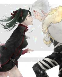 1boy 1girl ahoge allen_walker artist_request belt black_coat black_pants black_shirt black_shorts black_vest coat d.gray-man eye_contact facial_mark fingerless_gloves fur-trimmed_coat fur_trim gloves green_hair grey_background grey_eyes hair_between_eyes hair_ribbon hand_on_own_chest hood hood_down hooded_coat lenalee_lee long_hair looking_at_another military military_uniform miniskirt non-web_source open_clothes open_coat open_mouth pants pink_skirt pink_thighhighs pleated_skirt purple_eyes red_gloves red_ribbon red_stripes ribbon scar scar_on_face shirt short_hair shorts sidelocks signature single_glove skirt smile source_request star_(symbol) star_facial_mark striped_clothes striped_coat striped_pants striped_vest surprised thighhighs thighs twintails two-tone_background vest white_background white_coat white_gloves white_hair white_stripes wide_sleeves yellow_fur zettai_ryouiki