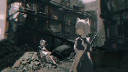 Rule 34 | 2girls, animal ears, apron, black dress, black footwear, blurry, building, cat ears, chromatic aberration, closed mouth, commentary, dress, frilled apron, frills, grey hair, gun, gun on back, highres, maid apron, multiple girls, original, outdoors, pink eyes, gun on back, rubble, ruins, short hair, short sleeves, sitting, weapon, weapon on back, white apron, zumochi