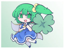 Rule 34 | 1girl, blue dress, blush stickers, chahan (fried rice0614), clover, collared shirt, daiyousei, dress, fairy, fairy wings, four-leaf clover, full body, green eyes, green hair, hair between eyes, holding, holding plant, kneehighs, long hair, one-hour drawing challenge, open mouth, plant, puffy short sleeves, puffy sleeves, shirt, short sleeves, side ponytail, smile, socks, solo, touhou, white shirt, white socks, wings