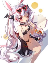 Rule 34 | 1girl, ;p, animal ears, bat hair ornament, bat wings, bikini, black bikini, black jacket, blush, breasts, cleavage, closed mouth, commentary request, copyright request, eyeball hair ornament, eyewear on head, feet out of frame, food, fujii shino, hair ornament, hand up, heart, heart-shaped eyewear, highres, jacket, looking at viewer, multicolored hair, off shoulder, one eye closed, open clothes, open jacket, pizza, pizza box, pizza slice, rabbit ears, red-framed eyewear, red eyes, red hair, red wings, silver hair, sitting, small breasts, smile, solo, streaked hair, sunglasses, swimsuit, tongue, tongue out, twintails, v, virtual youtuber, white background, wings