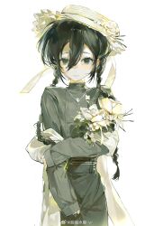 Rule 34 | 1girl, black eyes, black hair, bouquet, braid, chinese commentary, closed mouth, commentary request, cowboy, cowboy western, cross, cross necklace, eyelashes, flower, frilled hat, frills, grey shirt, grey skirt, grey sleeves, guigui rongrong, hat, hat flower, high-waist skirt, highres, holding, holding bouquet, holding own arm, jewelry, long hair, long sleeves, necklace, original, ribbon, rose, shawl, shirt, simple background, skirt, sleeves past wrists, smile, solo, straight-on, turtleneck, twin braids, western, white background, white flower, white hat, white ribbon, white rose, white shawl