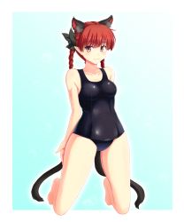 Rule 34 | 1girl, alternate costume, animal ears, barefoot, blush, braid, breasts, cat ears, cat girl, cat tail, extra ears, female focus, full body, isaki (gomi), kaenbyou rin, large breasts, looking at viewer, multiple tails, nekomata, one-piece swimsuit, pointy ears, red eyes, red hair, school swimsuit, simple background, smile, solo, swimsuit, tail, touhou, twin braids, two tails