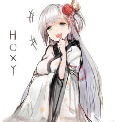 Rule 34 | +++, 1girl, azur lane, blush, breasts, dorok, eyeliner, furrowed brow, green eyes, hair ornament, hand on own arm, hand up, highres, japanese clothes, kimono, large breasts, laughing, long hair, long sleeves, makeup, mole, mole under eye, one side up, shoukaku (azur lane), silver hair, simple background, solo, straight hair, teeth, very long hair, white background, white kimono, wide sleeves