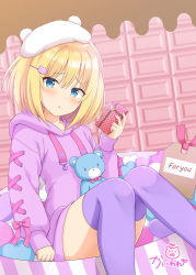 Rule 34 | 1girl, :o, blonde hair, blue eyes, box, chocolate, commentary request, drawstring, feet out of frame, gift, gift box, hair between eyes, hair ornament, hairclip, hand up, hat, head tilt, heart, holding, holding gift, hood, hood down, hoodie, kaiware-san, knees together feet apart, long sleeves, looking at viewer, original, parted lips, pink background, pink hoodie, puffy long sleeves, puffy sleeves, purple thighhighs, sleeves past wrists, solo, stuffed animal, stuffed toy, teddy bear, thighhighs, valentine, white hat