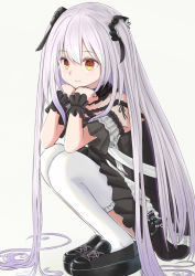 Rule 34 | 1girl, bare shoulders, black dress, black footwear, brown eyes, closed mouth, commentary request, dress, frilled thighhighs, frills, full body, gradient hair, grey background, grey hair, hair between eyes, hands up, highres, hololive, long hair, multicolored hair, natsuki (natukituki), purple hair, shoes, simple background, smile, solo, squatting, thighhighs, uruha rushia, uruha rushia (3rd costume), very long hair, virtual youtuber, white thighhighs, wrist cuffs