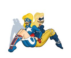Rule 34 | 2girls, back-to-back, bdsm, blonde hair, bondage, boots, bound, courtney whitmore, dc comics, gag, gloves, jesse quick, justice society of america, legs, liberty belle, mask, multiple girls, shorts, stargirl