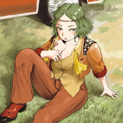 Rule 34 | 1girl, alternate costume, alternate hairstyle, ascot, blush, breasts, car, cleavage, closed mouth, collared shirt, colored eyelashes, commentary request, foot out of frame, grass, green hair, hippie, kazami yuuka, large breasts, looking at viewer, motor vehicle, on ground, open clothes, open shirt, open vest, orange pants, orange vest, pants, parted bangs, red eyes, red footwear, shirt, shoes, short hair, solo, sukkiri place, touhou, undone ascot, vest, wavy hair, yellow ascot, yellow shirt