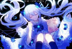 Rule 34 | 1girl, absurdly long hair, black background, blue hair, blue socks, blue ribbon, capelet, dress, closed eyes, feathers, floating hair, hair between eyes, hair ribbon, hatsune miku, highres, holding, holding feather, jewelry, kneehighs, long hair, luppykiy, necklace, ribbon, smile, socks, solo, very long hair, vocaloid, white dress