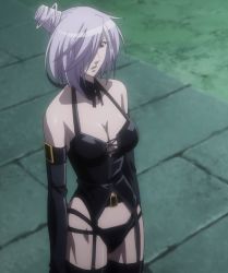 Rule 34 | 00s, 1girl, asu no yoichi, breasts, cleavage, cloud, dominatrix, female focus, hair over one eye, highres, large breasts, latex, purple hair, red eyes, screencap, smile, solo, stitched, takatsukasa angela, third-party edit