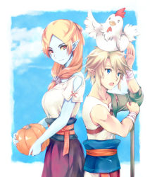 Rule 34 | 1boy, 1girl, alternate costume, animal, animal on head, asymmetrical clothes, bad id, bad pixiv id, bird, bird on head, blonde hair, blue eyes, blue skin, blue sky, chicken, colored skin, cucco, dress, earrings, front ponytail, height difference, jewelry, link, microspace, midna, midna (true), nintendo, on head, orange hair, pochi (pochikoro3987), pointy ears, pumpkin, red eyes, sky, spoilers, the legend of zelda, the legend of zelda: twilight princess, wrist wrap