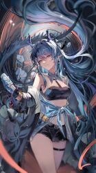 Rule 34 | 1girl, abstract background, absurdres, arknights, armpits, bandeau, bare shoulders, black background, black bandeau, black shorts, blue hair, blue jacket, blue skin, bottle, breasts, colored skin, commentary, detached collar, dragon girl, dragon horns, dragon tail, feet out of frame, highres, holding, holding bottle, horns, jacket, ling (arknights), ling (towering is cliff of nostalgia) (arknights), long hair, looking at viewer, medium breasts, official alternate costume, pointy ears, purple eyes, shorts, smile, tail, thigh strap, tied jacket, very long hair, whoa fuwa