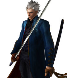 Rule 34 | 1boy, 3d, blue eyes, capcom, cowboy shot, devil may cry (series), devil may cry 3, gloves, male focus, official art, solo, standing, vergil (devil may cry)