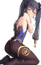Rule 34 | 1girl, aqua eyes, ass, back, bare arms, bare shoulders, black hair, blue leotard, bow, breasts, brown pantyhose, genshin impact, gold trim, hair bow, highleg, highleg leotard, highres, leotard, long hair, looking at viewer, looking back, mona (genshin impact), no shoes, pantyhose, sidelocks, simple background, small breasts, solo, steeb, strapless, strapless leotard, thighlet, twintails, white background