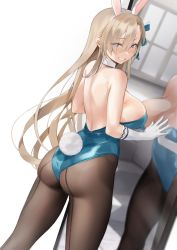 Rule 34 | 1girl, animal ears, ass, asuna (blue archive), asuna (bunny) (blue archive), black pantyhose, blue archive, blue eyes, blue leotard, breasts, detached collar, eyes visible through hair, fake animal ears, fake tail, gloves, grin, hair between eyes, highres, large breasts, leotard, light brown hair, long hair, looking at viewer, looking back, mirror, pantyhose, playboy bunny, preview (preview0), rabbit ears, rabbit tail, reflection, smile, solo, standing, tail, thighs, white gloves