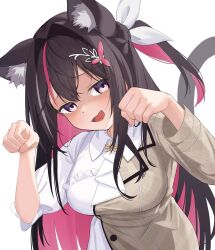 Rule 34 | 1girl, ai (u e o o), animal ear fluff, animal ears, azki (4th costume) (hololive), azki (hololive), black hair, blush, breasts, cat ears, cat girl, cat tail, colored inner hair, dress, fang, hair between eyes, hair intakes, hair ornament, hairclip, hands up, highres, hololive, large breasts, long hair, looking at viewer, multicolored hair, official alternate costume, open mouth, pink hair, purple eyes, shaded face, simple background, skin fang, smile, solo, streaked hair, tail, upper body, virtual youtuber, white background, white dress, white hair