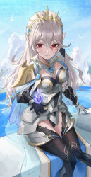 Rule 34 | 1girl, absurdres, armor, armored leotard, black leotard, breasts, cape, cleavage, commentary request, corrin (female) (fire emblem), corrin (female) (silent bloodline) (fire emblem), corrin (fire emblem), crown, dragonstone, fire emblem, fire emblem fates, fire emblem heroes, floating, floating object, frills, gloves, hair between eyes, hair ornament, hairband, highres, jewelry, leotard, long hair, looking at viewer, medium breasts, nintendo, official alternate costume, pointy ears, red eyes, see-through, shizukugu03, shoulder armor, sitting, smile, solo, thighhighs, white hair