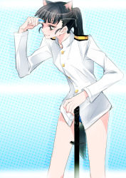 Rule 34 | 1girl, animal ears, black hair, blunt bangs, eyepatch, eyepatch lift, heterochromia, katana, long hair, long sleeves, no pants, ponytail, sakamoto mio, sketch, solo, strike witches, sword, tail, tima, weapon, world witches series