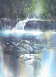 Rule 34 | absurdres, day, forest, harusaki kanta, highres, light rays, nature, no humans, original, painting (medium), reflection, reflective water, river, riverbank, rock, sunlight, traditional media, tree, water, watercolor (medium), waterfall