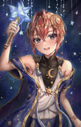 Rule 34 | 1boy, absurdres, bare shoulders, blue eyes, blush, crescent, crescent necklace, hair ornament, highres, jewelry, looking at viewer, male focus, necklace, open mouth, red hair, riddle rosehearts, short hair, sky, star (sky), star (symbol), starry sky, syatihoko, twisted wonderland, wand