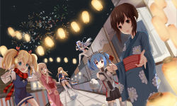 Rule 34 | 6+girls, absurdres, akagi (warship girls r), alternate costume, candy, candy apple, closed mouth, cotton candy, fang, festival, finger gun, fireworks, floating hair, floral print, food, glowworm (warship girls r), hand on own chin, highres, holding, holding hands, japanese clothes, kimono, lantern, le fantasque (warship girls r), lexington (warship girls r), lollipop, long hair, looking at another, looking at viewer, looking back, multiple girls, night, open mouth, outdoors, outstretched hand, outstretched leg, paper lantern, prinz eugen (warship girls r), richelieu (warship girls r), road, short hair, sitting, sitting on object, sky, smile, star (sky), starry sky, summer festival, v, victory pose, wand, warship girls r, yesheng yaomeng, yukata