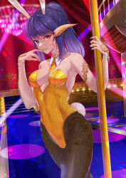 Rule 34 | 1girl, animal ears, au ra, between breasts, bracelet, breasts, carpet, chandelier, cleavage, cowboy shot, detached collar, fake tail, final fantasy, final fantasy xiv, finger to mouth, heterochromia, high ponytail, highres, holding, holding pole, indoors, jewelry, leotard, long hair, medium breasts, murazo (0606), necktie, necktie between breasts, pantyhose, playboy bunny, pointy ears, pole, purple eyes, purple hair, rabbit ears, rabbit tail, red eyes, short necktie, solo, stripper pole, tail, warrior of light (ff14), yellow necktie
