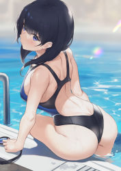 Rule 34 | 1girl, ass, back, bare shoulders, black hair, black one-piece swimsuit, blue eyes, blush, breasts, commentary request, competition swimsuit, goggles, unworn goggles, gridman universe, highleg, highleg swimsuit, highres, large breasts, long hair, looking at viewer, looking back, one-piece swimsuit, parfaitlate, pool, pool ladder, poolside, solo, ssss.gridman, swimsuit, takarada rikka, thighs, water, wet