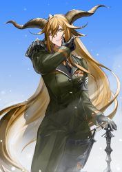 Rule 34 | 1girl, animal ear fluff, animal ears, arknights, armor, black gloves, blonde hair, blood, blood on face, blue sky, cowboy shot, day, degenbrecher (arknights), gloves, goat ears, goat horns, green jacket, green pants, hair between eyes, highres, holding, holding weapon, horns, jacket, long hair, long sleeves, looking at viewer, military, military jacket, military uniform, outdoors, pants, parted lips, shoulder armor, sky, snowing, solo, thigh strap, uniform, very long hair, weapon, wiping face, yellow eyes