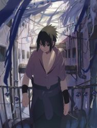 Rule 34 | 1boy, absurdres, bare pectorals, belt, black eyes, black hair, building, closed mouth, collarbone, crack, cracked wall, fingernails, hair between eyes, highres, industrial pipe, kuukai (adexi), leaning, light rays, male focus, naruto, naruto (series), outdoors, pectorals, railing, scabbard, sheath, sheathed, solo, spiked hair, sword, torn, uchiha sasuke, weapon, wind, wind chime, zipper, zipper pull tab