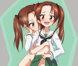 Rule 34 | 2girls, bangs, black bow, black neckwear, blouse, blush, bow, brown eyes, brown hair, closed mouth, commentary request, commission, dual persona, girls und panzer, green skirt, hair bow, hand on another&#039;s face, hug, hug from behind, kadotani anzu, kumagapaniti, lifted by another, lifted by self, long hair, long sleeves, looking at another, miniskirt, multiple girls, navel, neckerchief, nude, ooarai school uniform, open mouth, parted bangs, partial commentary, pleated skirt, sailor collar, school uniform, selfcest, serafuku, shirt lift, skeb commission, skirt, skirt lift, smirk, standing, twintails, white blouse, white sailor collar, yuri