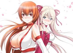 Rule 34 | 2girls, aoiakira553, back-to-back, bare shoulders, blush, breasts, cherry blossoms, choker, cleavage, collarbone, dead or alive, hair ribbon, kasumi (doa), large breasts, long hair, looking at viewer, marie rose, multiple girls, petals, ribbon, simple background, smile, upper body, white background