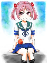 Rule 34 | 10s, 1girl, anchor symbol, arms at sides, bad id, bad twitter id, cink-knic, commentary request, concrete, faux traditional media, hair bobbles, hair ornament, kantai collection, looking at viewer, pink eyes, pink hair, pleated skirt, sazanami (kancolle), school uniform, serafuku, short sleeves, sitting, skirt, smile, socks, solo, twintails, wristband