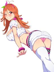 Rule 34 | 1girl, ahoge, antenna hair, ass, bare shoulders, blush, bow, breasts, female focus, hair bow, large breasts, long hair, looking at viewer, one eye closed, open mouth, orange hair, panties, pantyshot, pink panties, red eyes, smile, solo, thighhighs, tokyo 7th sisters, tomohiro kai, underwear, usuta sumire, white background, white thighhighs