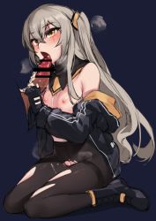 Rule 34 | 1girl, black pantyhose, blush, brown eyes, detached collar, disembodied penis, fellatio, flat chest, girls&#039; frontline, grey hair, jacket, one side up, oral, pantyhose, penis, scar, scar across eye, scar on face, simple background, solo focus, torn clothes, torn legwear, tsuki tokage, ump45 (girls&#039; frontline)