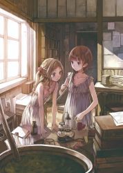 Rule 34 | 2girls, absurdres, alchemy, atelier (series), atelier rorona, blonde hair, blue eyes, book, book stack, bottle, breasts, brown hair, cauldron, cleavage, commentary request, cuderia von feuerbach, erlenmeyer flask, flask, flat chest, hair ornament, hair scrunchie, highres, indoors, kishida mel, light brown hair, long hair, looking at another, multiple girls, nightgown, official art, open mouth, revision, rororina fryxell, scrunchie, short hair, small breasts, smile, sunlight, test tube, two side up, window