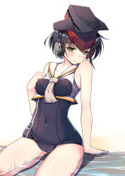 Rule 34 | 10s, 1girl, arm support, asymmetrical hair, bad id, bad pixiv id, bare arms, bare shoulders, black hair, blue one-piece swimsuit, blush, brown eyes, covered erect nipples, framed breasts, hair between eyes, headgear, headphones, highres, i-13 (kancolle), inu3, kantai collection, looking at viewer, one-piece swimsuit, sailor collar, school swimsuit, short hair, sitting, swimsuit, thighs, tsurime