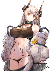 Rule 34 | 1girl, arknights, bare shoulders, black choker, black panties, breasts, choker, cleavage, commentary request, cowboy shot, crop top, groin, highres, horns, infection monitor (arknights), large breasts, long hair, long sleeves, looking at viewer, material growth, midriff, mudrock (arknights), mudrock (elite ii) (arknights), navel, open clothes, oripathy lesion (arknights), panties, pointy ears, pupps, red eyes, silver hair, simple background, solo, sports bra, standing, stomach, thighs, underwear, white background
