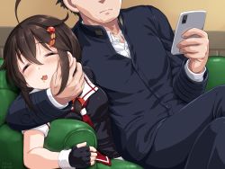 Rule 34 | 1boy, 1girl, = =, admiral (kancolle), ahoge, black gloves, black hair, black serafuku, blush, braid, brown hair, buttons, cellphone, closed mouth, collared shirt, couch, dated, dd (ijigendd), drooling, fingerless gloves, gloves, hair between eyes, hair flaps, highres, holding, holding phone, kantai collection, long hair, long sleeves, military, military uniform, naval uniform, neckerchief, open mouth, phone, red neckerchief, school uniform, serafuku, shigure (kancolle), shigure kai ni (kancolle), shirt, short sleeves, single braid, sitting, sleeping, smartphone, twitter username, uniform, white shirt