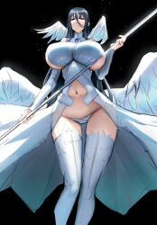 Rule 34 | 1girl, angel wings, bare shoulders, black background, black hair, blue eyes, blue hair, blush, breasts, commentary, contrapposto, covered erect nipples, detached sleeves, dress, eu03, frown, hair between eyes, halterneck, huge breasts, long hair, looking at viewer, magical girl, mahou shoujo (raita), multiple wings, narrow waist, navel, no bra, pleated dress, sketch, sleeves past wrists, solo, staff, suzuhara misae, turtleneck, unfinished, very long hair, weapon, wings