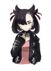 Rule 34 | 1girl, asymmetrical bangs, black choker, black hair, black jacket, choker, closed mouth, collar tug, commentary, creatures (company), dress, earrings, eyelashes, game freak, green eyes, hair ribbon, hand up, highres, jacket, jewelry, marnie (marnielovesyou), marnie (pokemon), nintendo, open clothes, open jacket, pink dress, pokemon, pokemon swsh, red ribbon, ribbon, simple background, sketch, solo, upper body, white background