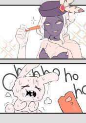 Rule 34 | 1girl, 2koma, absurdres, black background, black dahlia, cape, carrot, closed eyes, comic, drooling, feather hair ornament, frown, fur hat, hair ornament, hat, highres, laughing, pow3776, sagan (skullgirls), shaking, skullgirls, smile, sparkle, steam, stuffed animal, stuffed rabbit, stuffed toy, sweat, veil, white background, white hair, x x